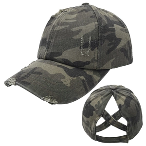 Detail of distressed camouflage ponytail baseball cap with criss-cross elastic back design