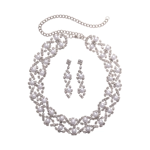 Silver rhinestone and pearl floral necklace with matching earrings set for weddings