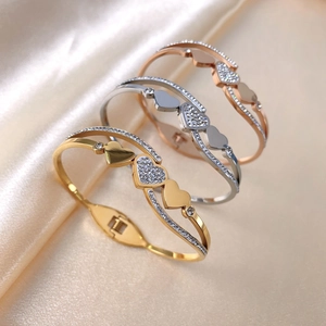Stainless Steel Heart Open Bracelet For Women Rhinestone Inlaid Heart Shaped Spring Bangle Gold Silver Rose Gold Fashion Jewelry Gift