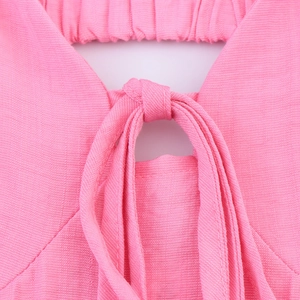 Pink rib-knit dress with drawstring tie detail and elastic pleated hemline