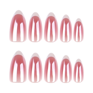 French tip almond press-on nails with pink blush gradient and high gloss finish
