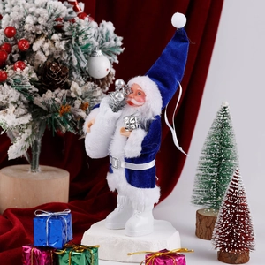 Detailed view of standing Santa Claus doll in blue velvet outfit with silver gift bag