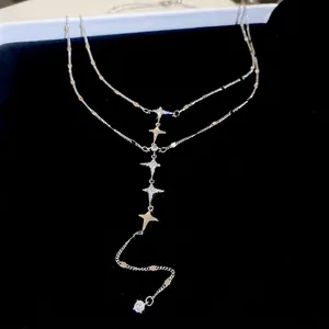 Double-layered stainless steel star necklace with tassel and sparkling zircon pendant