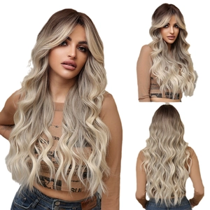 Long wavy wig with bangs in ombré brown to light blonde shown from multiple angles