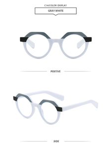 Detail view showing gray-white polygonal frame C14 sunglasses from front and side angles