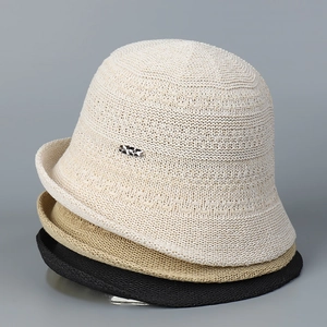 Bucket Hat Women Japanese Style Knit Crochet Breathable Sun Protection Roll Up Brim Hollow Out Minimalist Soft Cap