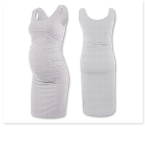 Side and back view of a grey sleeveless maternity dress showing slim fit and belly coverage
