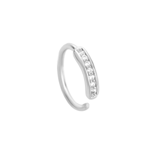 Close-up of silver open nose ring featuring leaf pattern and row of sparkling crystals