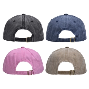 Adjustable washed cotton baseball caps in black, navy, pink, and khaki shown from the back