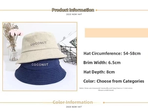 Detailed size chart for corduroy bucket hat with embroidery and dimension specifications
