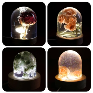 Semicircle resin flower night light with wooden base and USB power cord set