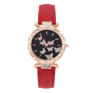 Elegant ladies watch with red suede strap, rose gold case and glittery butterfly dial