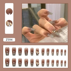 Amber gradient coffin nails with gold sequins and rhinestones, 24-piece full set