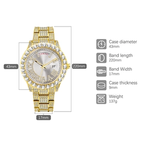 Detailed specs of iced-out gold watch with day-date display and 43mm full diamond case