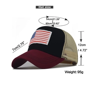 Detailed size specifications for the USA flag baseball cap with 54-60cm circumference