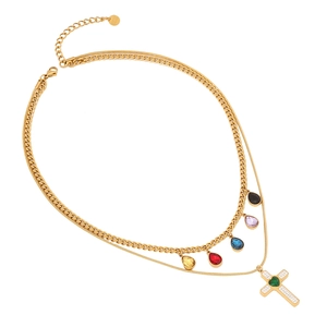 Double-layer gold necklace with crystal cross pendant and colorful teardrop stones