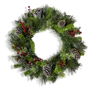 Christmas wreath with green pine needles, brown pinecones and red berries on white background