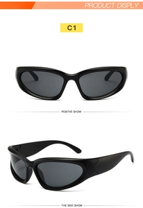 Front and side views of matte black Y2K wrap-around sports sunglasses with dark grey lenses