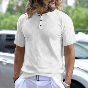 Detail of white waffle texture polo shirt with classic collar and black buttons on a model