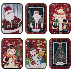 Set of six festive Christmas tin boxes with vintage holiday illustrations and slogans