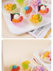 Miniature dessert bowl model with colorful resin fruit toppings and tiny spoons