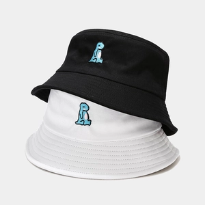 Black and white cotton bucket hats with cute blue dinosaur embroidery for casual sun protection