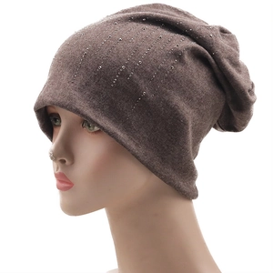 Women's brown cotton slouchy beanie with silver rhinestones for autumn and winter style