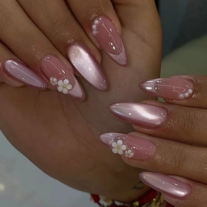 Pink Cat Eye Press On Nails With 3D White Flower And Artificial Pearl Decor French Tip Almond Shape Long Fake Nails For Women