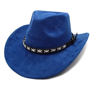 Detail of royal blue suede cowboy hat featuring black faux leather band with bronze buckle