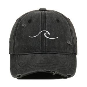 Washed Cotton Baseball Cap Wave Embroidery Distressed Ripped Retro Street Style Outdoor Sunshade Hat Unisex