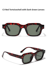 Detail view of square red tortoiseshell frames with dark green lenses in dual angles
