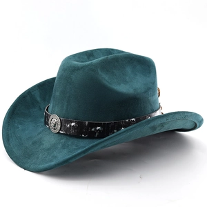 Close-up of vintage cowboy hat with silver star studs and lion head emblem detail