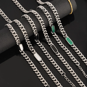 Titanium steel cuban necklaces with white shell, black onyx and green malachite inlays