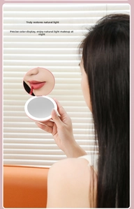 Detail of pink LED makeup mirror showing natural daylight restoration and true color rendering
