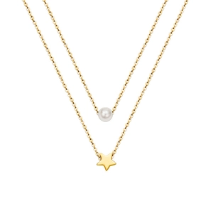 Double-layer gold plated stainless steel necklace with white pearl and star pendants