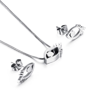 Fashionable silver steel jewelry set with abstract eye necklace and matching earrings