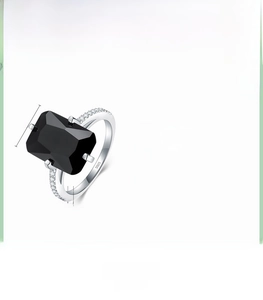 Macro detail of S925 silver ring featuring a 1cm rectangular black zircon stone