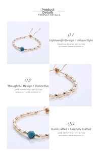 Detailed view of pearl bracelet with blue natural stone and adjustable gold chain