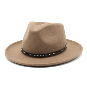 Detail view of khaki wool fedora hat featuring black leather band and gold stud rivets