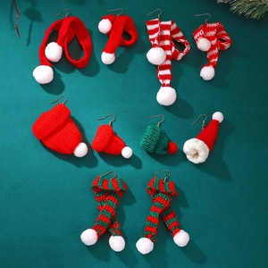 Christmas knit hat and scarf earrings set with festive red and green pompom details