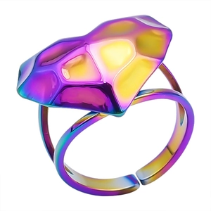 Detail of an iridescent heart-shaped stainless steel ring with a faceted geometric design