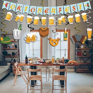 Oktoberfest party decoration set with blue checkered banner and festive hanging spirals