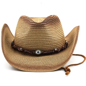 Western Cowboy Straw Hat Hand Woven Paper Breathable Sun Protection Gradient Evil Eye Bead Decor Adjustable Wind Rope Unisex