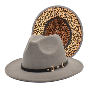 Gray wool fedora hat with leopard print brim lining and black leather belt buckle strap