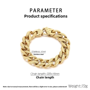 Macro view of 18k gold plated stainless steel Cuban chain bracelet with dimensions