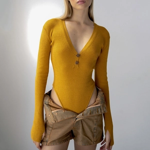 Women's sexy V-neck yellow long sleeve bodysuit with button detail and knit texture