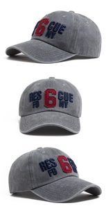 Detailed views of washed cotton baseball cap with vintage 3D embroidery on grey fabric