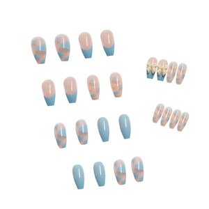 Sky blue and pink press-on nails with 3D white bows and hand-painted heart designs