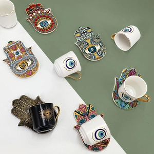 Nordic Hamsa Hand ceramic coffee cup and saucer set with evil eye patterns