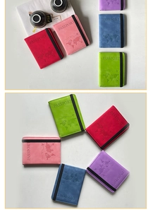 Flat lay of colorful map-embossed PU leather passport covers with elastic closure straps
